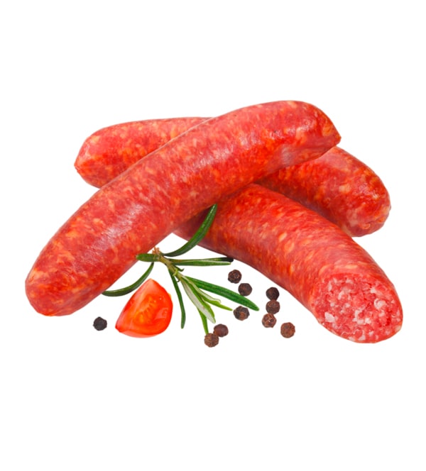 3 Polnische geräucherte Bratwürste. Eine davon angeschnitten